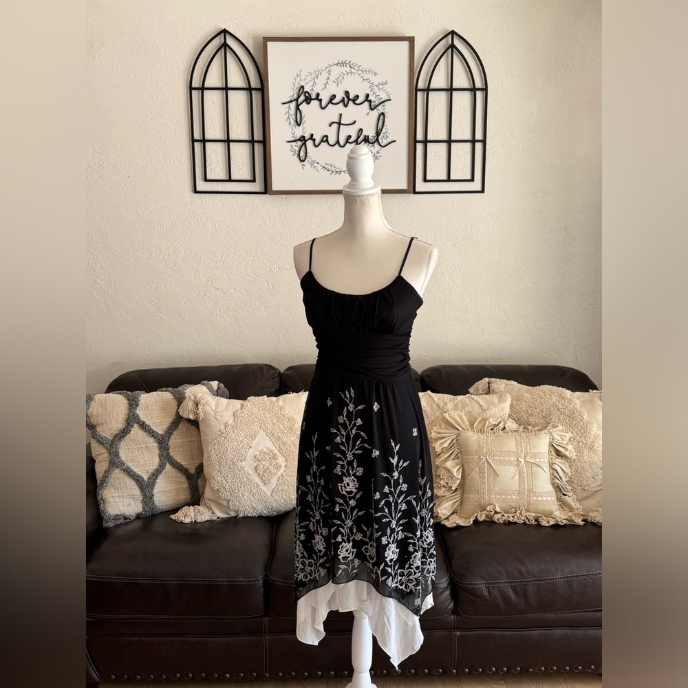 Vintage Y2K Trixxi  Black Beaded Spaghetti Strap Asymmetrical Hem Dress Size M